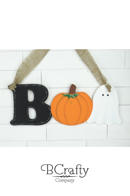 Wooden Boo Cutout Sign w Pumpkin Ghost