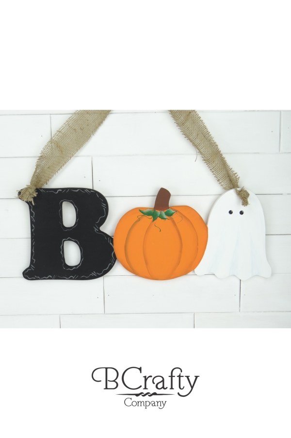 Wooden Boo Cutout Sign w Pumpkin Ghost