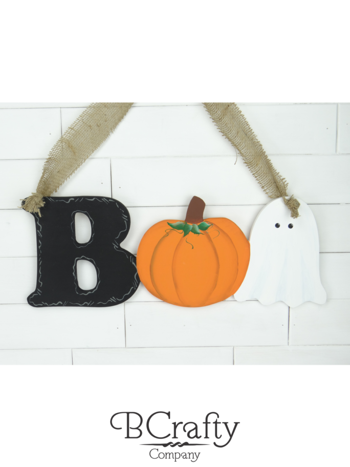 Wooden Boo Cutout Sign w Pumpkin Ghost
